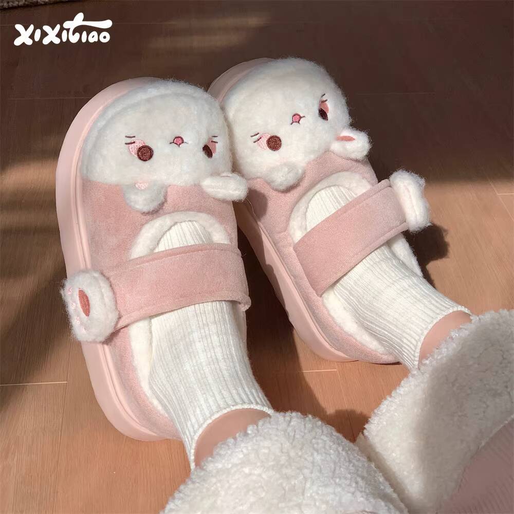 Women Shoes On Sale - รองเท้าแตะใส่ในบ้านลายแมวน่ารัก นุ่มสบาย สำหรับฤดูหนาว รองเท้าผ้าฝ้ายแบบมีแถบตีนตุ๊กแก พื้นหนา