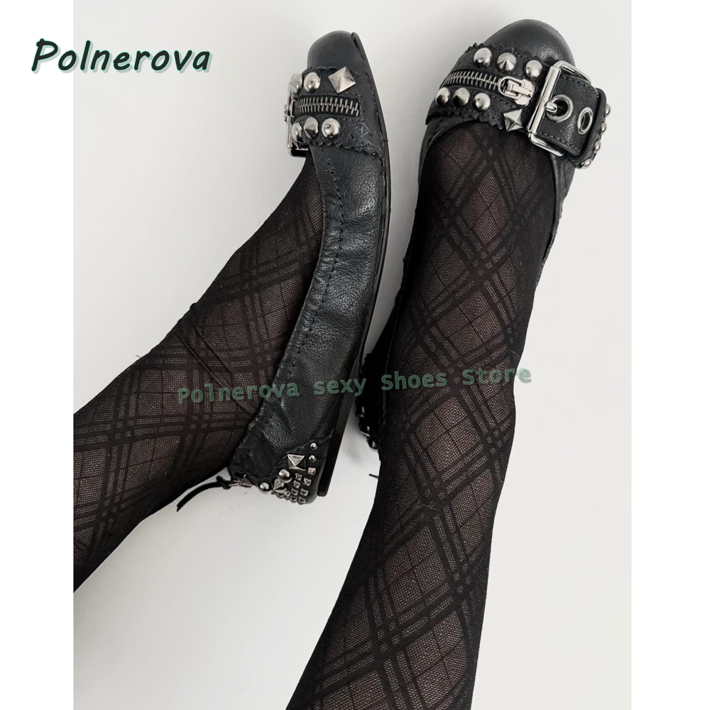 Women Shoes Loafers - รองเท้าส้นเตี้ยแบบมีซิปประดับตกแต่ง รุ่น Mary Jane หัวแหลม พร้อมหัวเข็มขัดแบบ